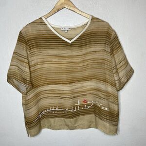 KD Spring‎ Lagenlook Artsy Short Sleeve Top Tan V-Neck Shirt Lined Women’s XL